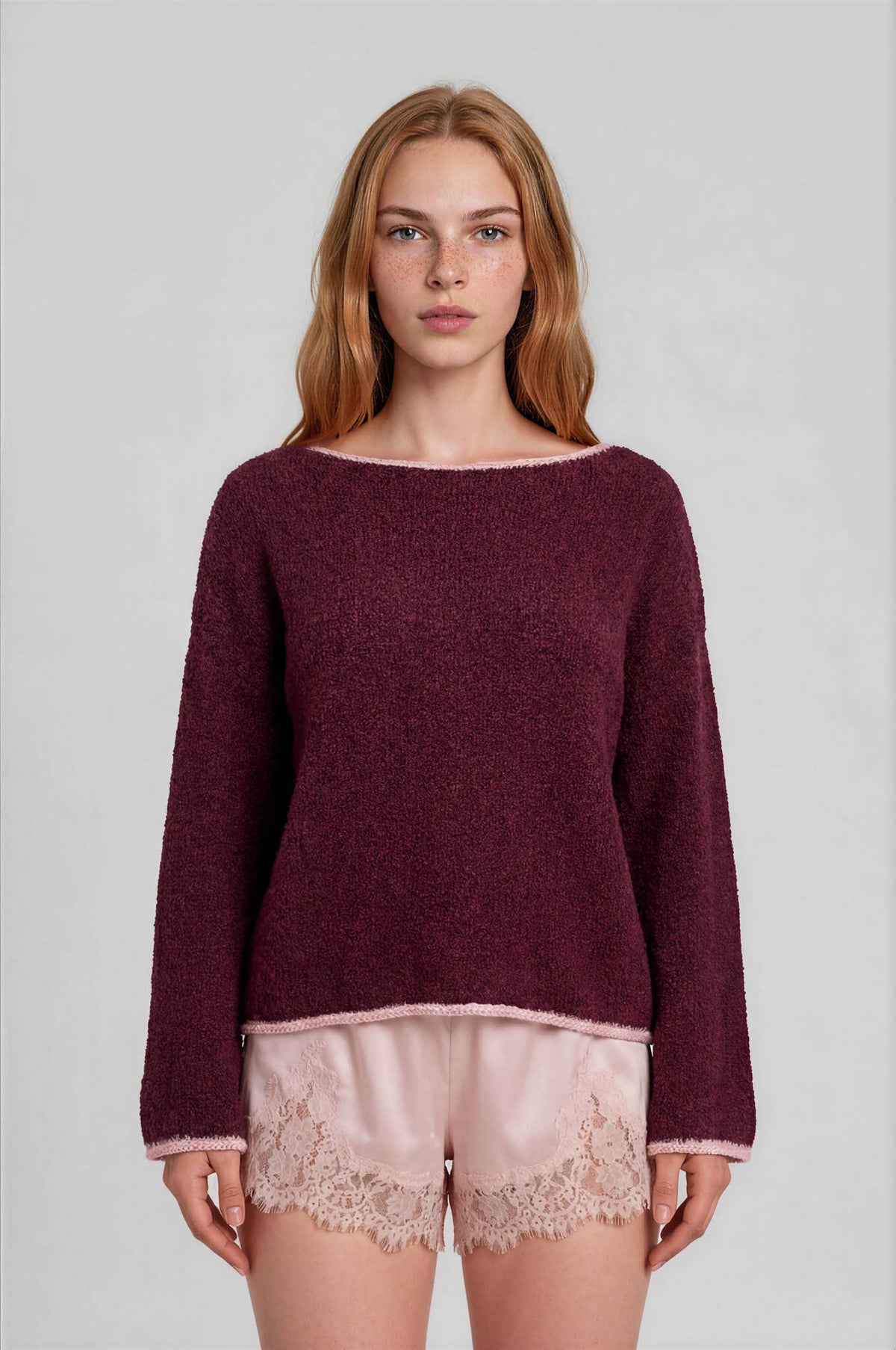 BOAT NECK CONTRAST TRIM LONG SLEEVE KNIT SWEATER