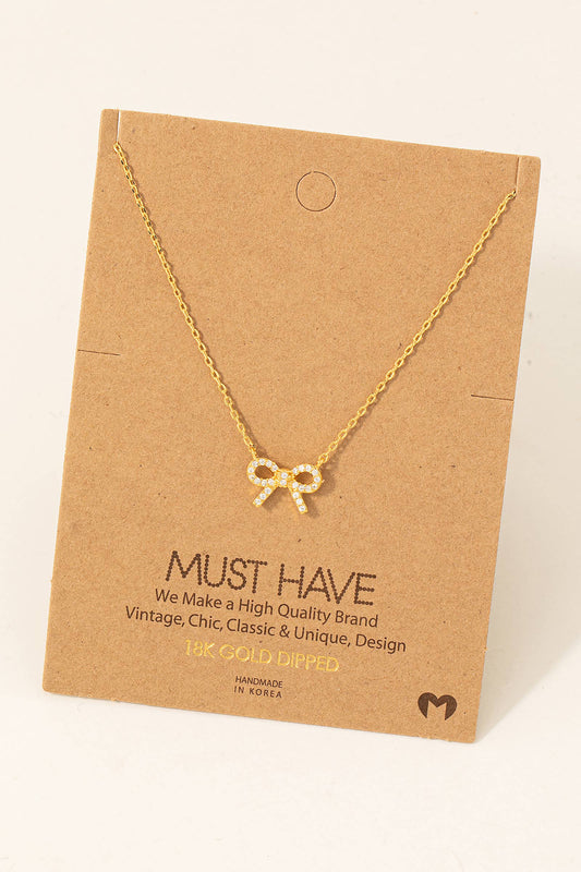 Gold Dipped Cz Stud Ribbon Bow Pendant Necklace