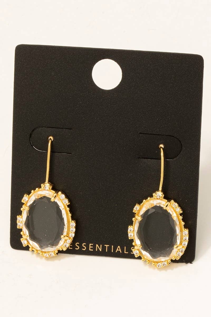 Gold Dipped Cz And Glass Oval Gem Dangle Earrings