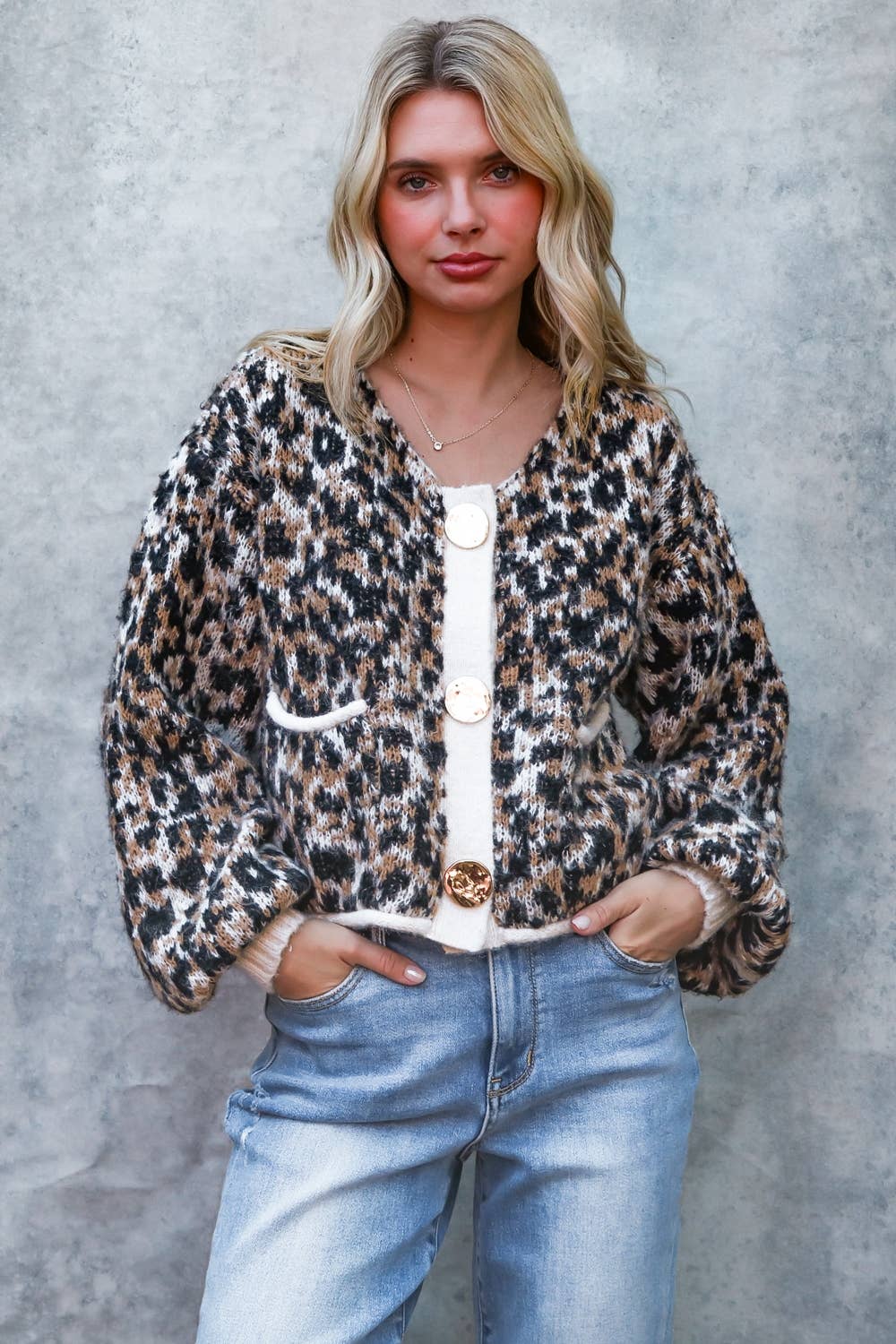 LEOPARD LONG SLEEVE CARDIGAN WITH GOLD BUTTON