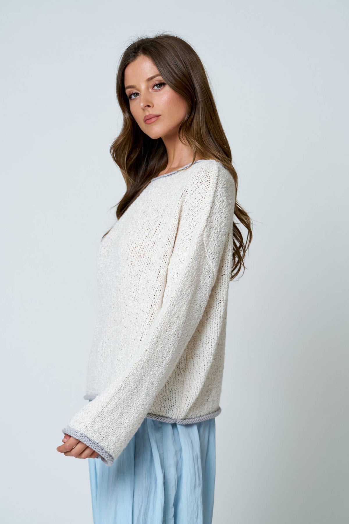 BOAT NECK CONTRAST TRIM LONG SLEEVE KNIT SWEATER