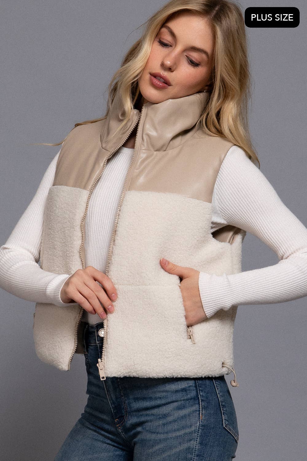 Reversible Faux Leather-Sherpa Contrast Padding Crop Vest