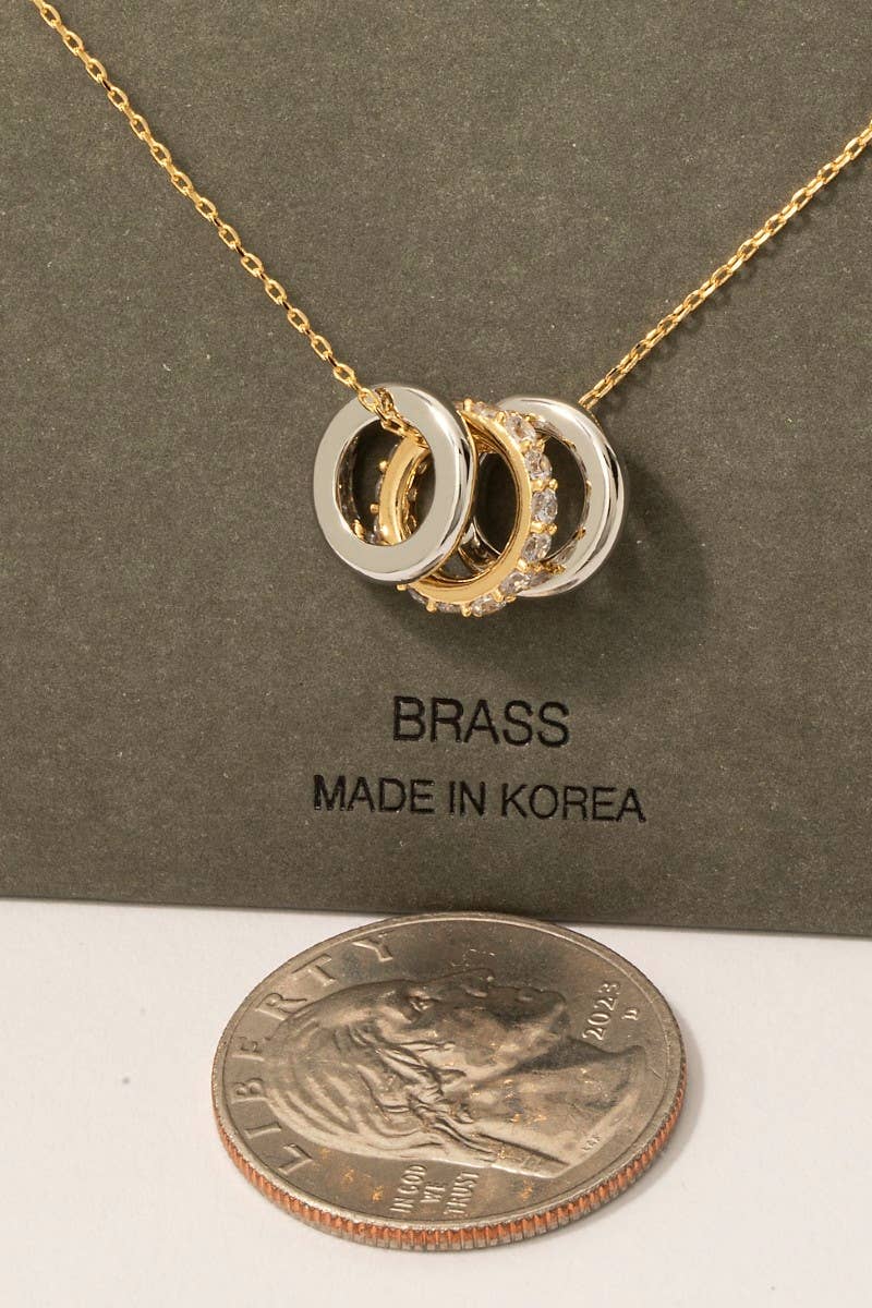 Pave Two Tone Ring Charms Chain Necklace