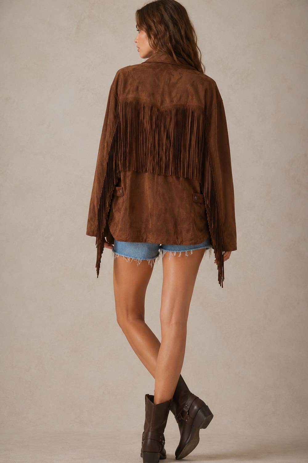 RELAXED FIT FAUX SUEDE FRINGE CASUAL JACKET