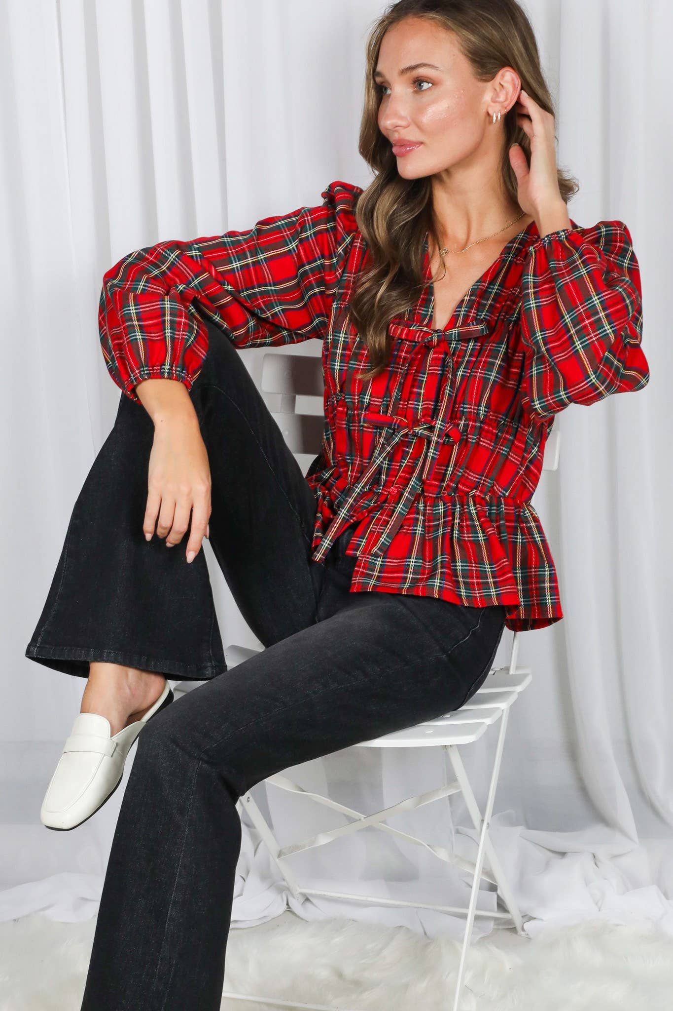 Front Elastic Shirring & Tie Plaid Blouse Top VT82890B