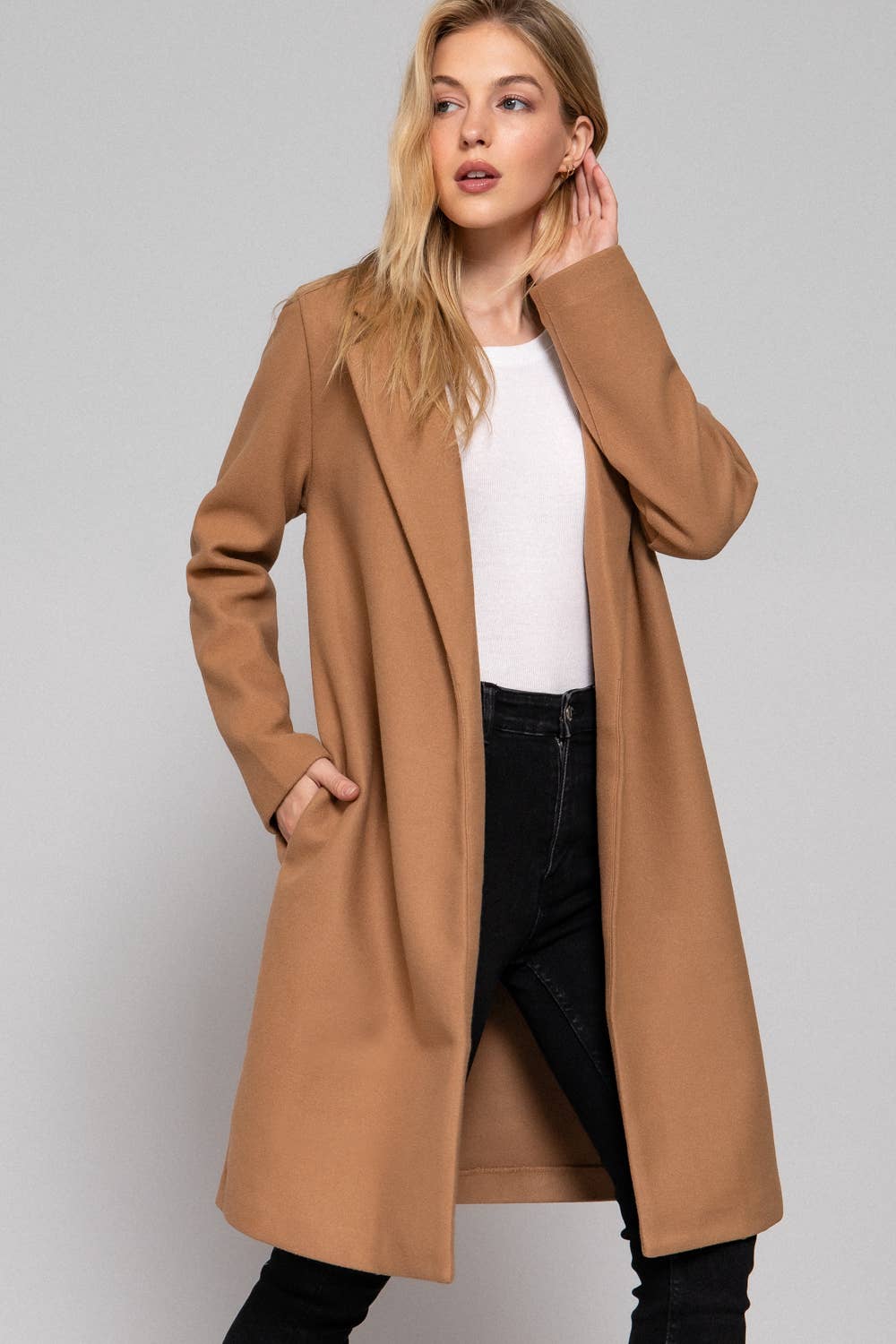 Long Sleeve Open Front Soft Felt Long Coat