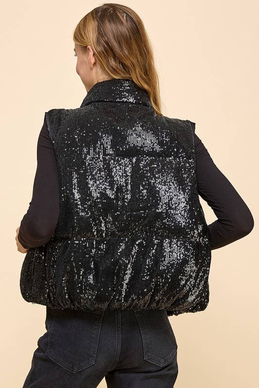 CV1244-Sequin Front Zipper Puffer Vest