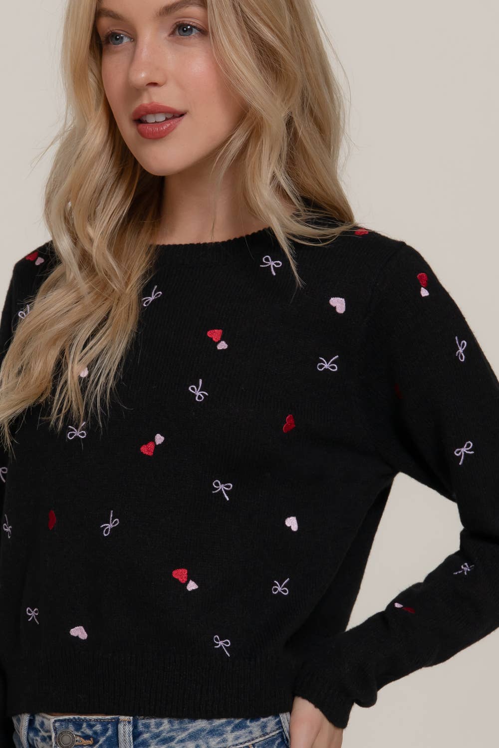 Long Sleeve Round Neck All Over Embroidery Sweater
