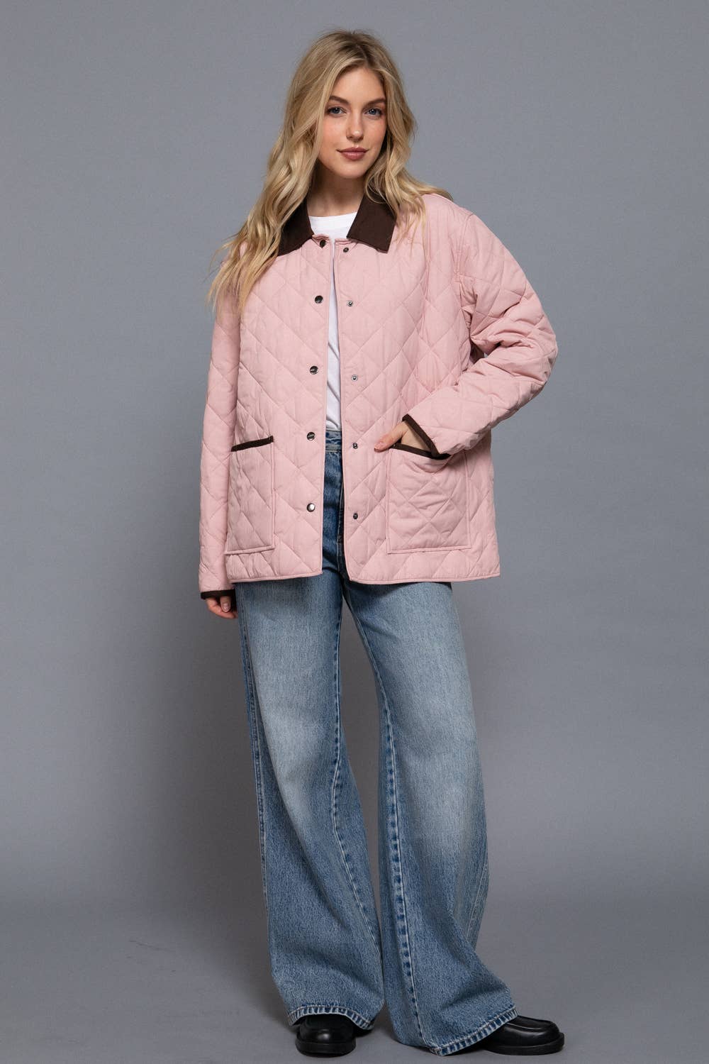 Long Sleeve Contrast Lapel Collar Quilted Puffer Work Jacket