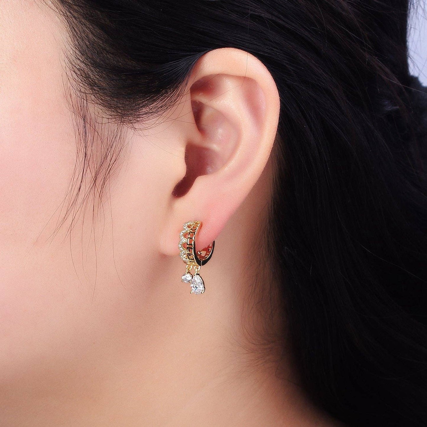 Gold Filled Clear Teardrop CZ Double Drop Geometric Earrings