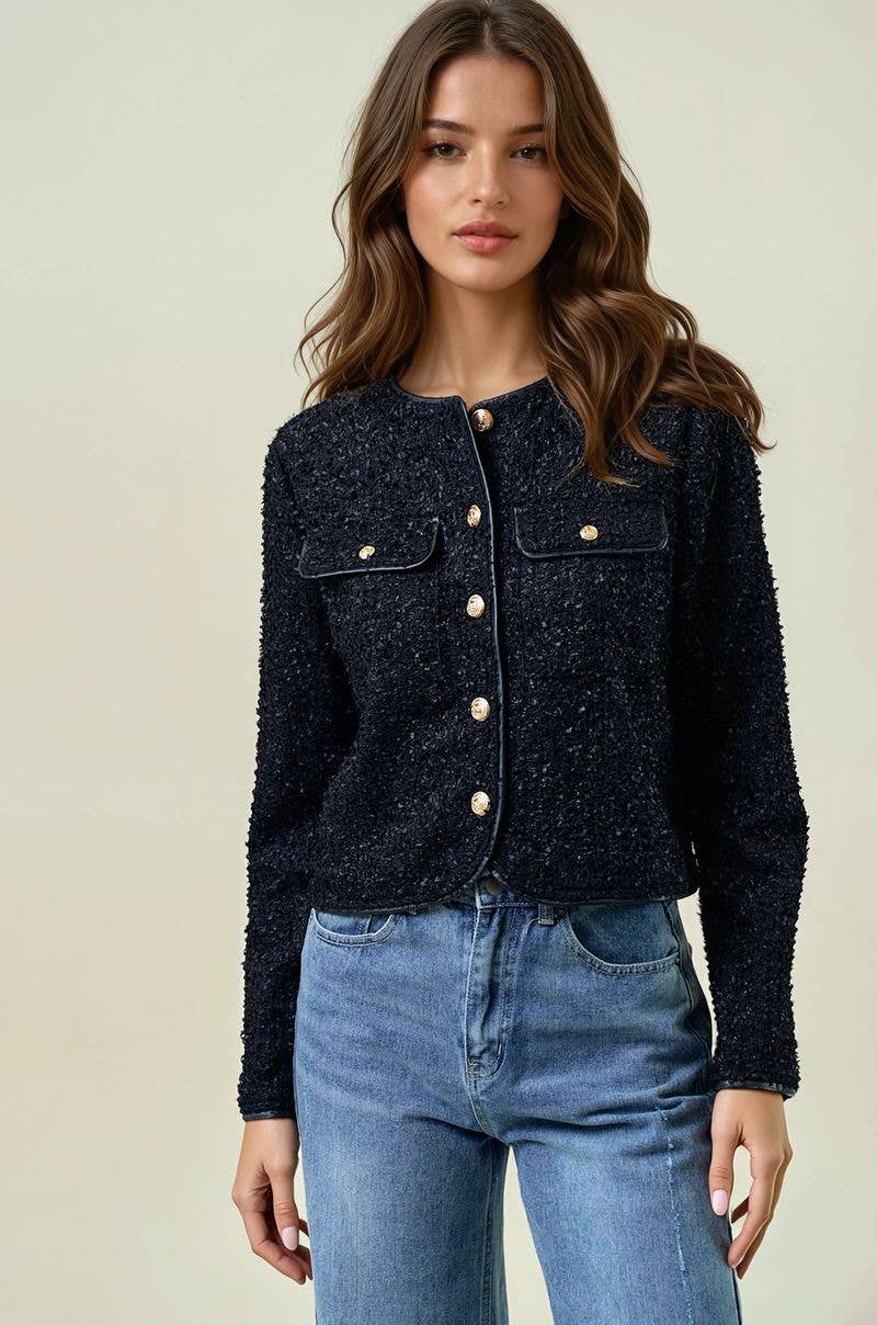FRINGE TEXTURED KNIT BUTTON FRONT LADY JACKET - 10710J