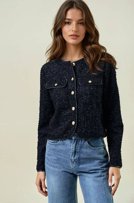 FRINGE TEXTURED KNIT BUTTON FRONT LADY JACKET - 10710J
