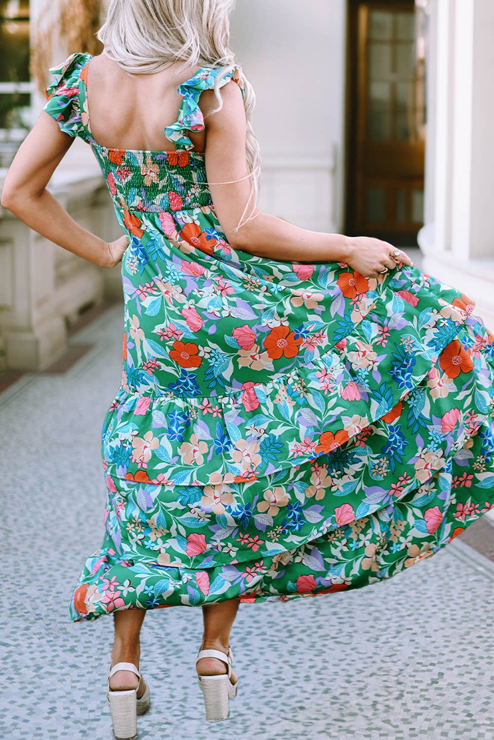 Floral Print Sleeveless Ruffle Tiered Maxi Dress