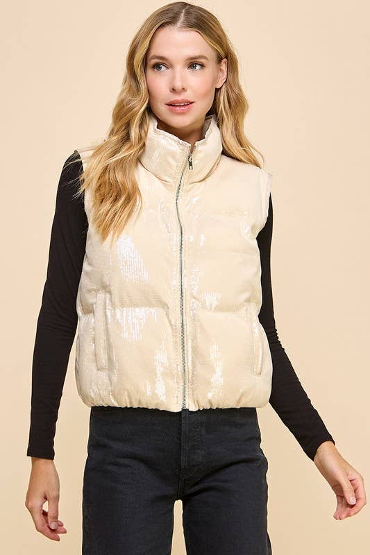 CV1244-Sequin Front Zipper Puffer Vest