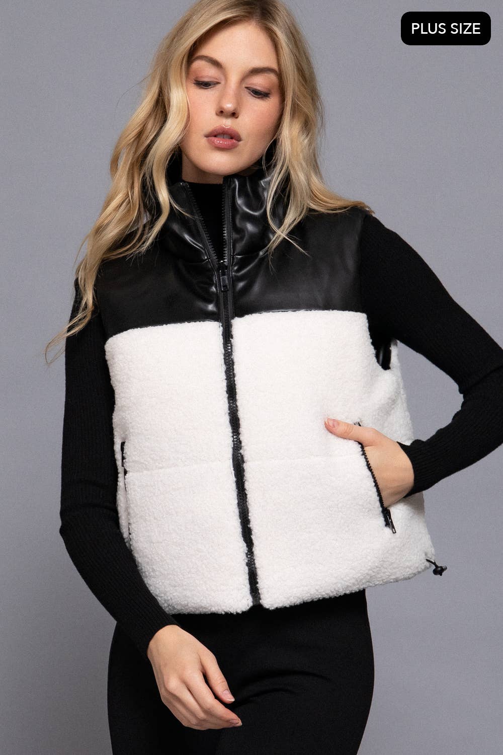 Reversible Faux Leather-Sherpa Contrast Padding Crop Vest