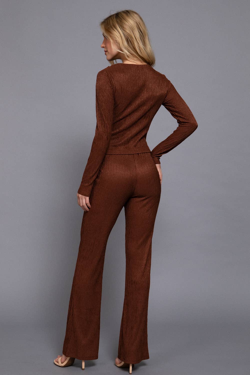 Long Sleeve Draped Top & Waist Band Flare Pants Set