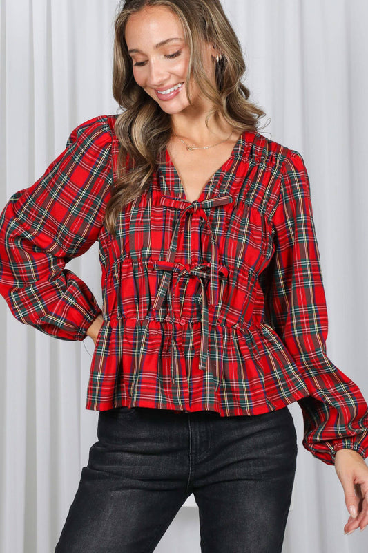 Front Elastic Shirring & Tie Plaid Blouse Top VT82890B