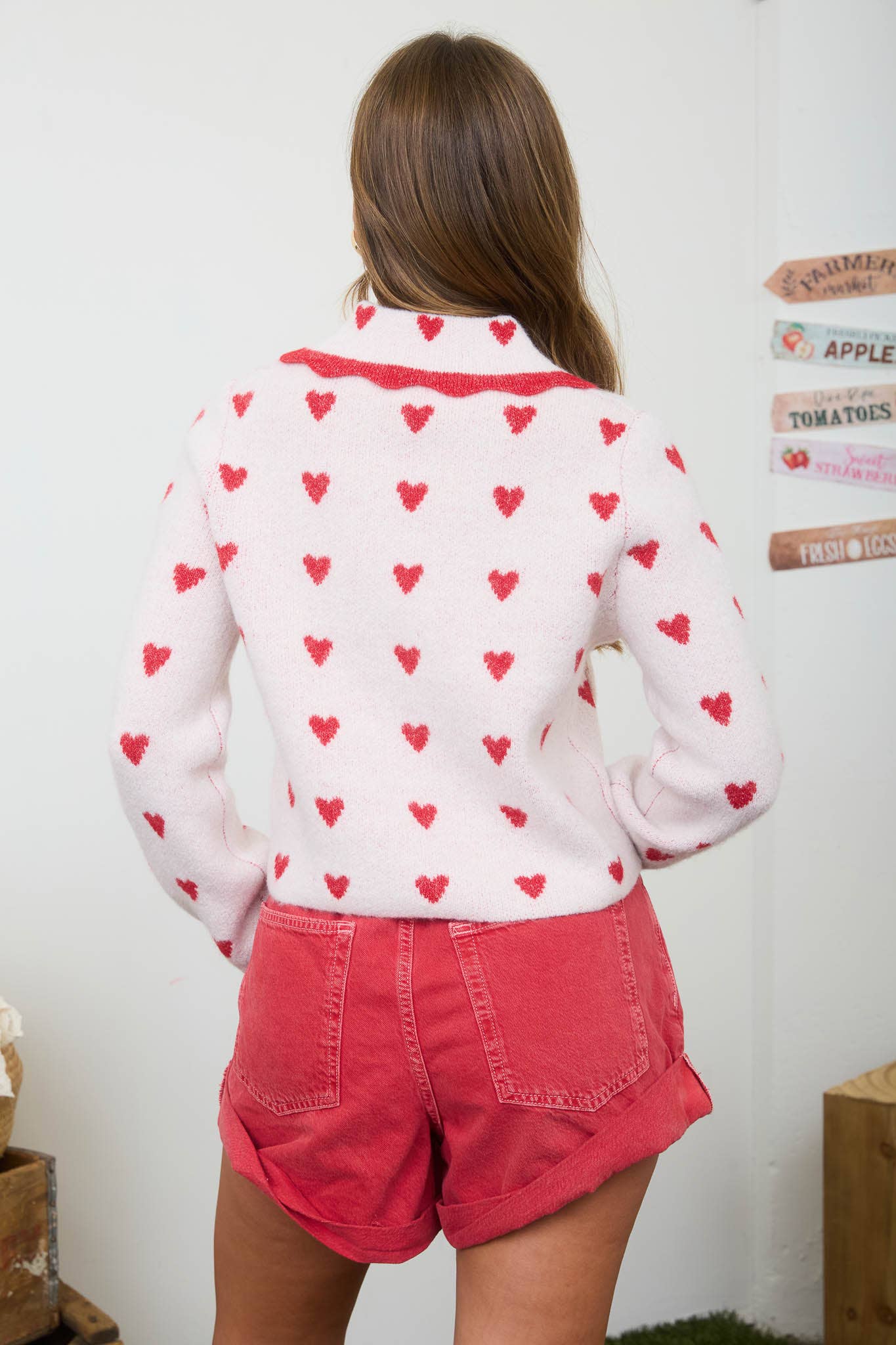 HEART PATTERN SCALLOP COLLAR BUTTON DOWN CARDIGAN