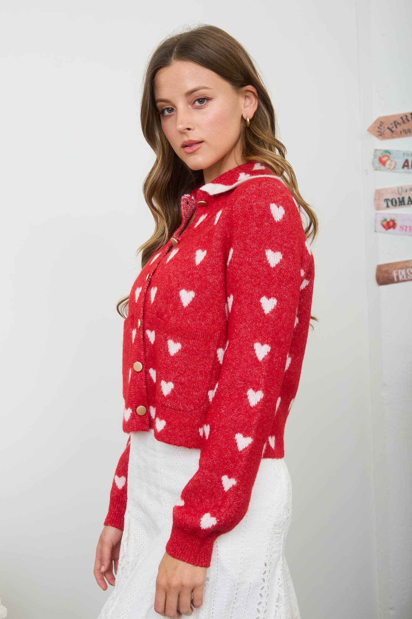 HEART PATTERN SCALLOP COLLAR BUTTON DOWN CARDIGAN