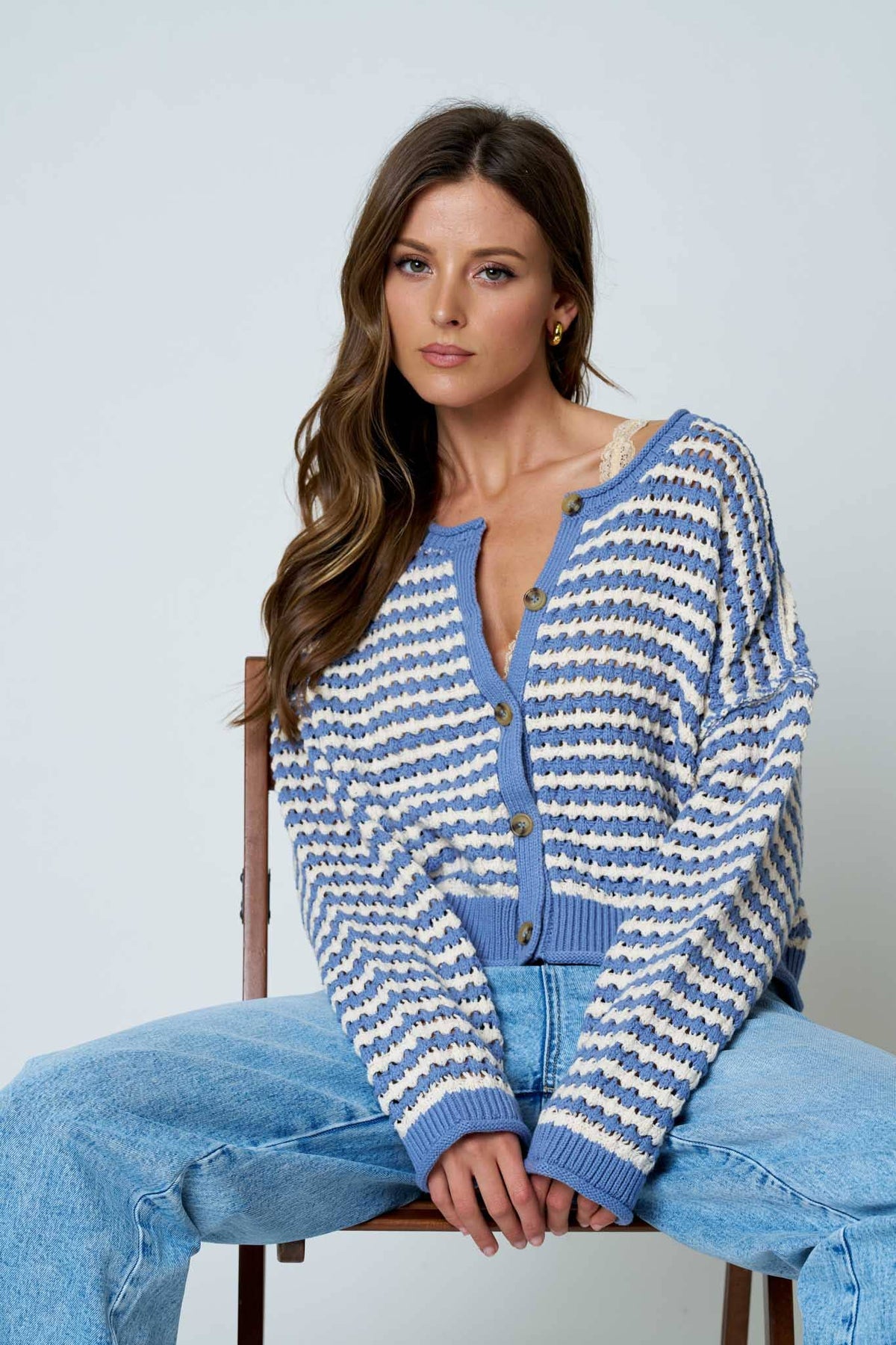 TEXTURED STRIPE CROCHET KNIT BUTTON DOWN CARDIGAN
