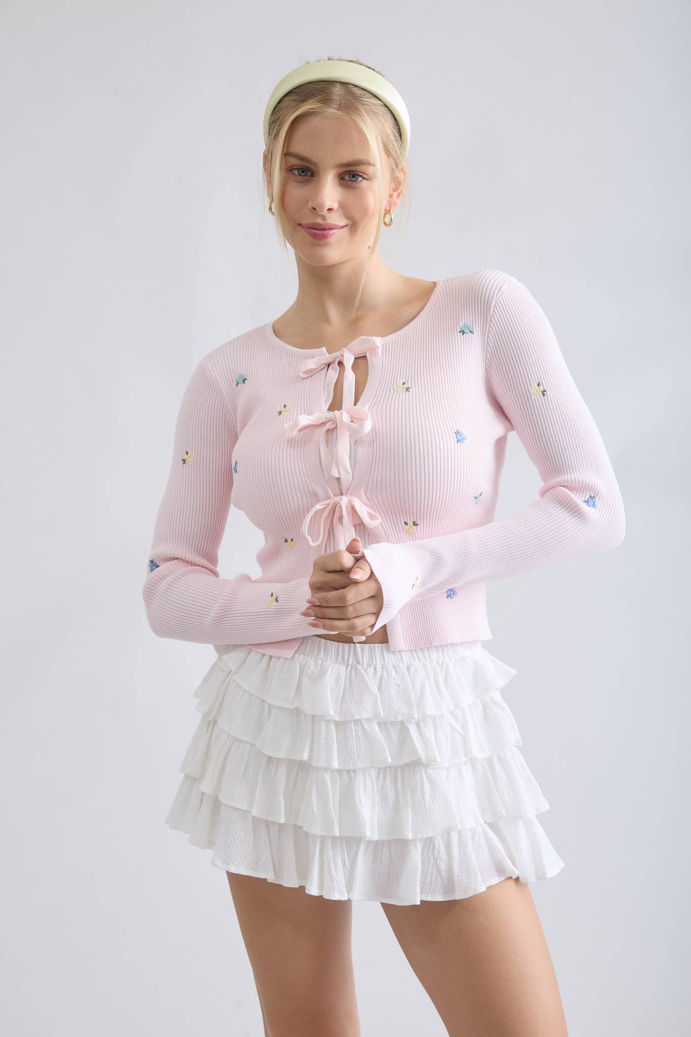 FLORAL EMBROIDERY MULTI FRONT TIE KNIT CARDIGAN