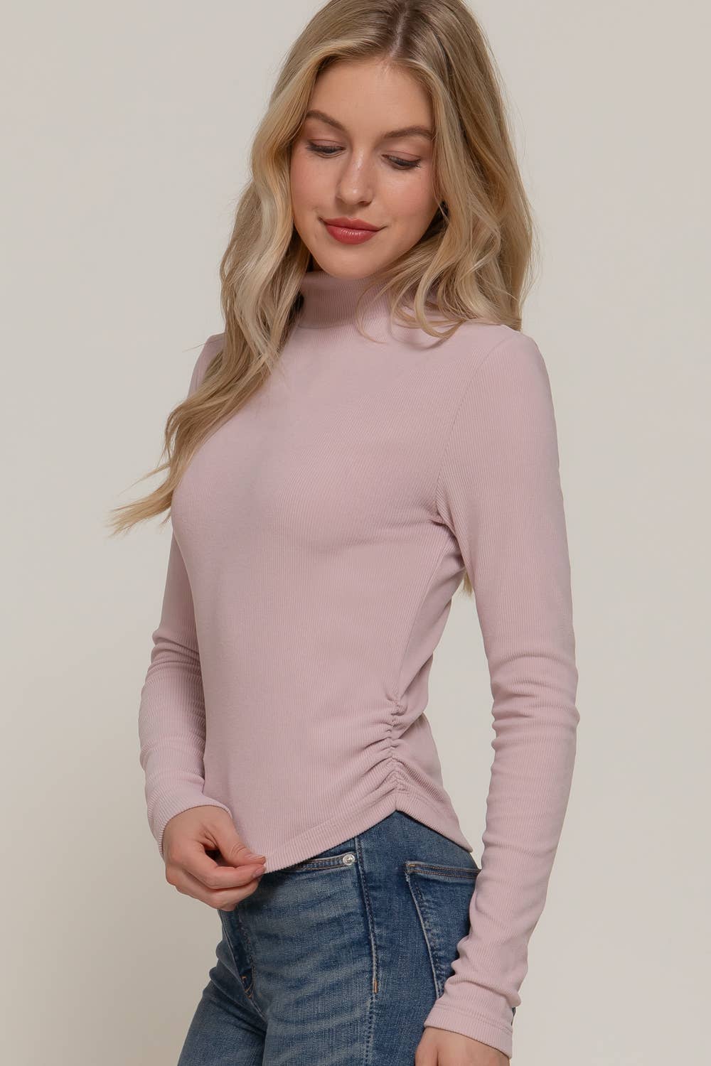 Long Sleeve Turtle Neck Side Detail Brushed Rib Top